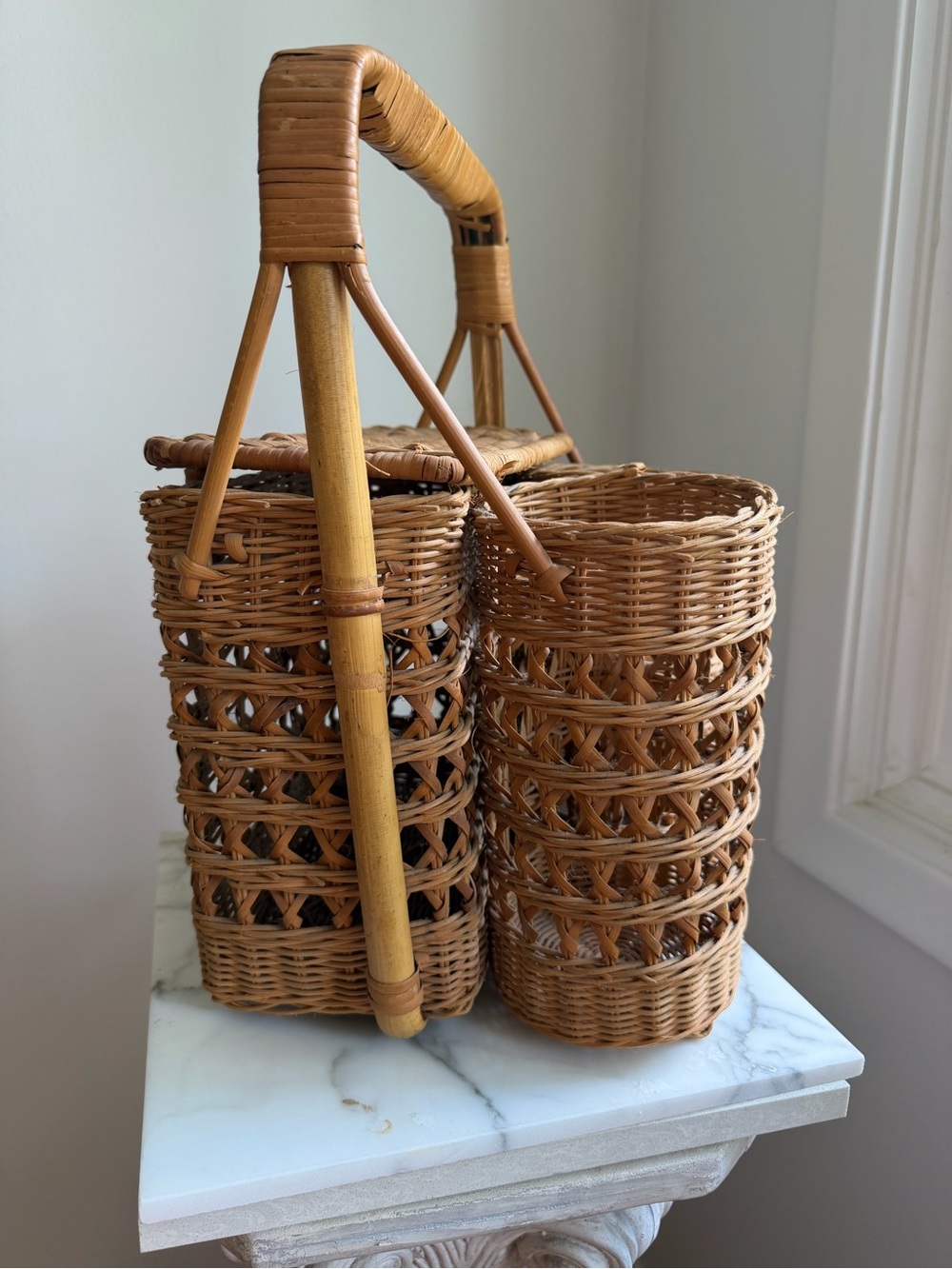 Vintage Woven Rattan Double Bottle Carrier in Natural Brown